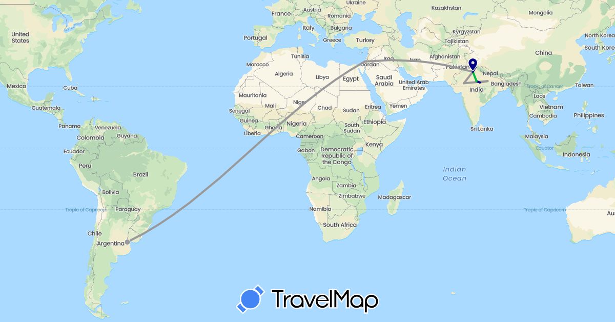 TravelMap itinerary: driving, bus, plane in Argentina, Israel, India (Asia, South America)